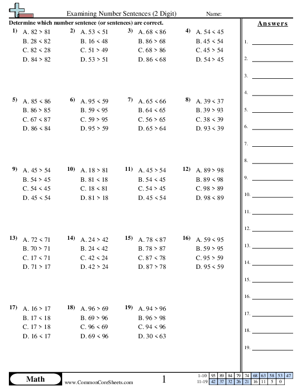 Value & Place Value Worksheets - Examining Number Sentences (2 Digit) worksheet
